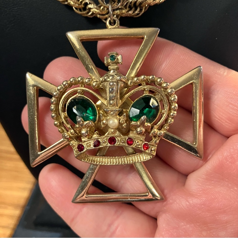 Vintage Royal Crown Maltese Cross Necklace Two Rope Chain Rhinestone Gold Tone
